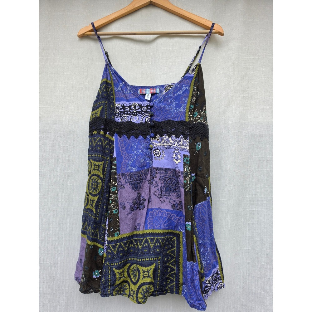 Urban Outfitters Patchwork Babydoll Cami Top Women M Blue Purple Crochet Tank